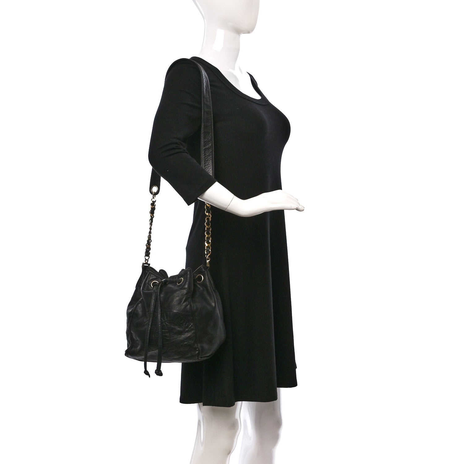 Chanel Lambskin CC Stitched Drawstring Bucket Bag Black 2 of 9