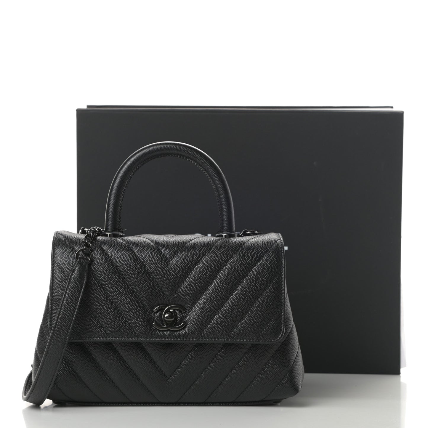 Caviar Chevron Quilted Mini Coco Handle Flap So Black