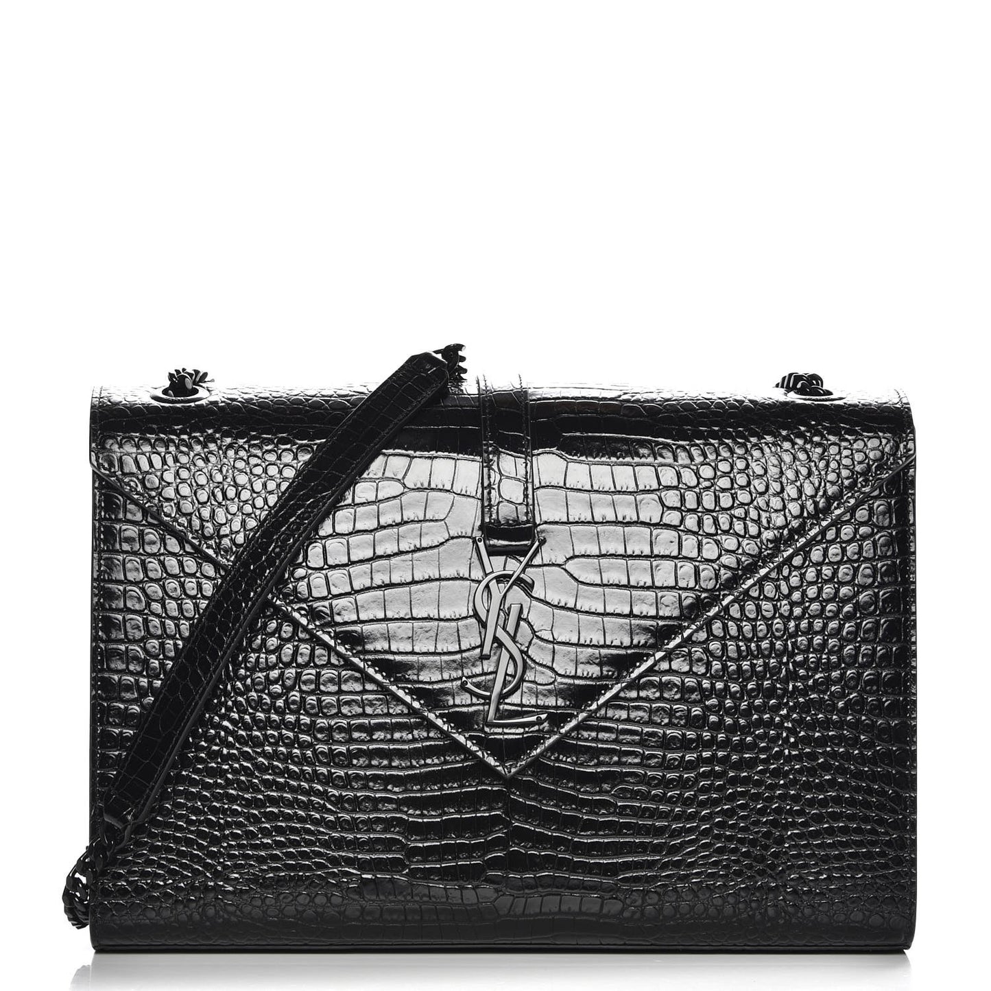 Calfskin Crocodile Embossed Monogram Large Satchel Black