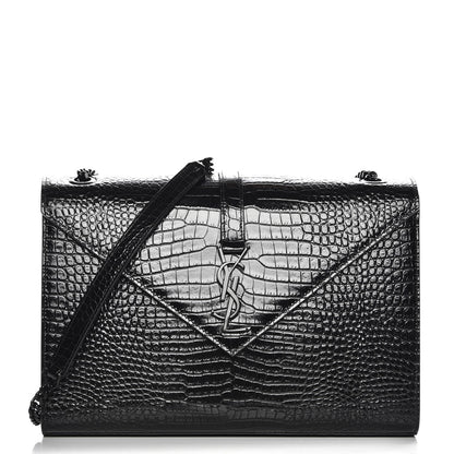 Saint Laurent Calfskin Crocodile Embossed Monogram Large Satchel Black 1 of 7