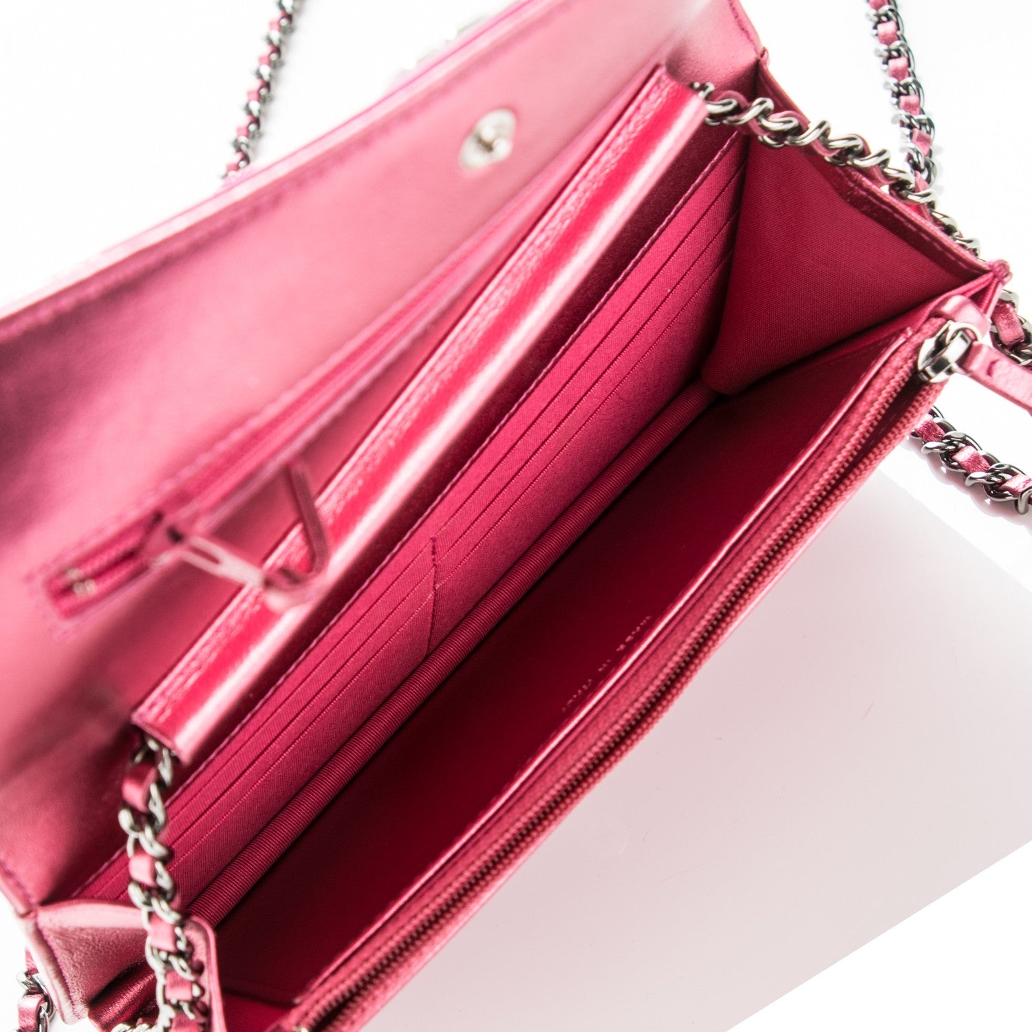 Chanel Metallic Patent Calfskin Quilted Boy Wallet On Chain WOC Fuchsia 7 of 8