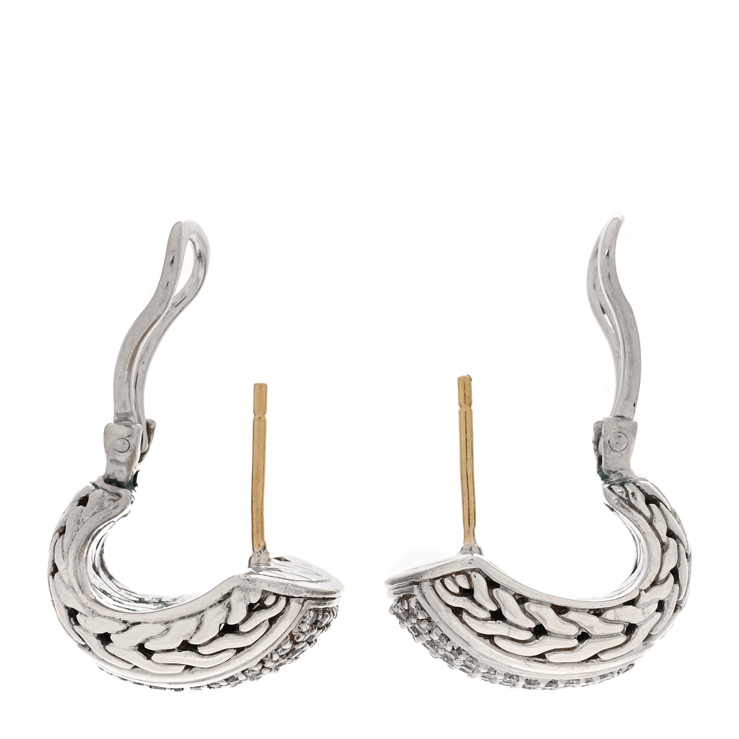 John Hardy Sterling Silver 18K Yellow Gold Diamond Classic Chain Hoop Earrings 3 of 8