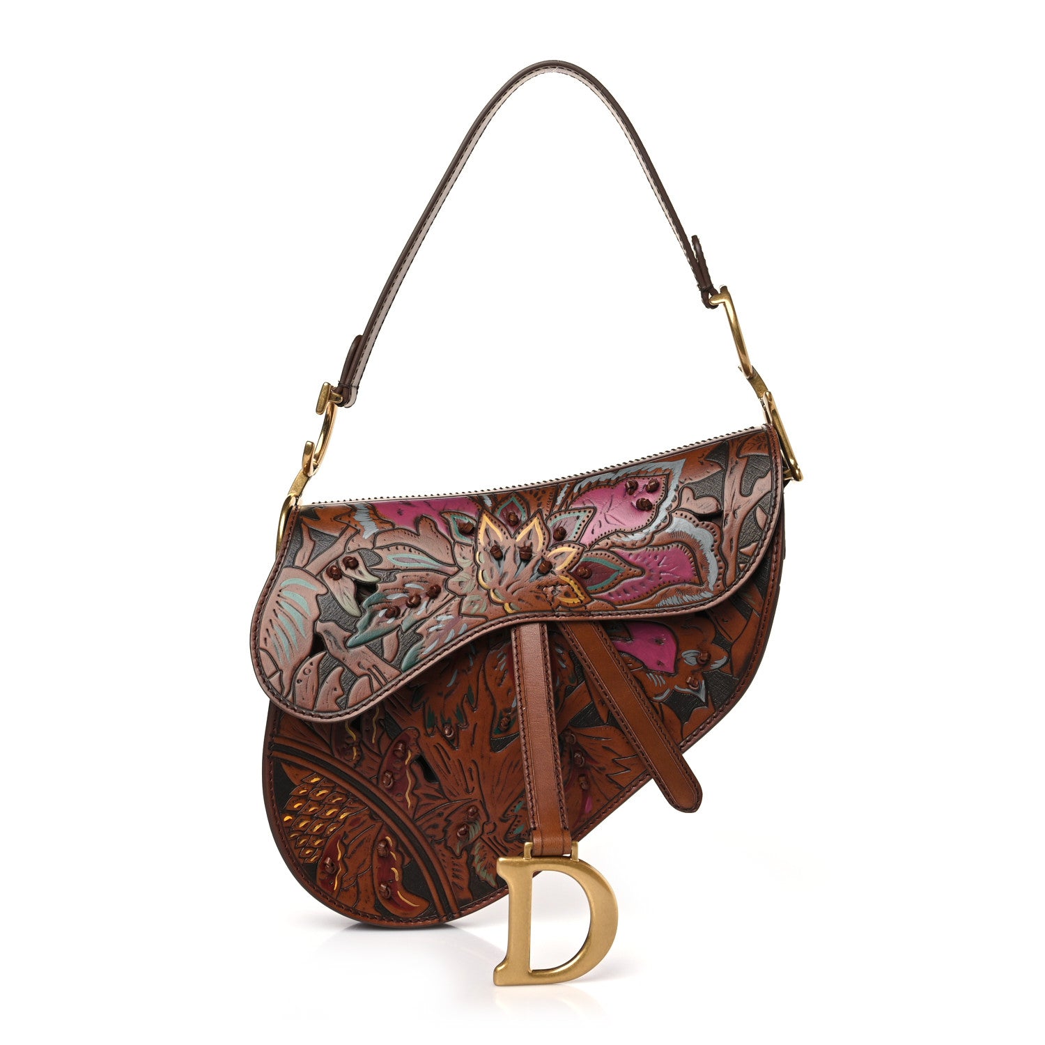 Christian Dior Calfskin Painted Laser Cut Saddle Bag With Strap Brown Multicolor 1 of 9