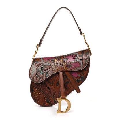 Christian Dior Calfskin Painted Laser Cut Saddle Bag With Strap Brown Multicolor 1 of 9