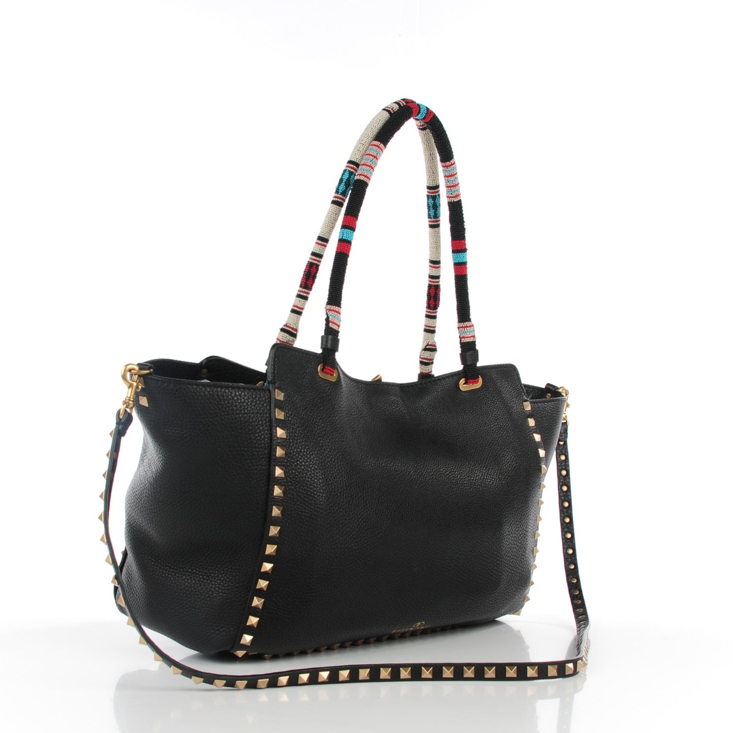 Pebbled Calfskin Beaded Medium Rockstud Tote Black