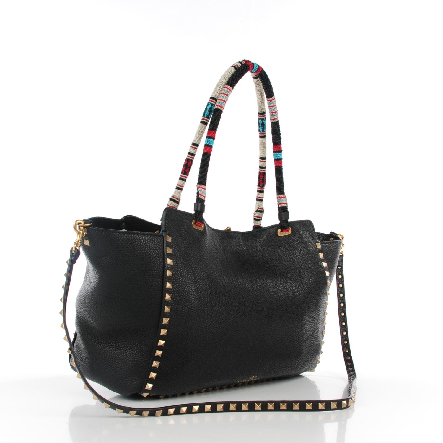 Valentino Garavani Pebbled Calfskin Beaded Medium Rockstud Tote Black 3 of 8