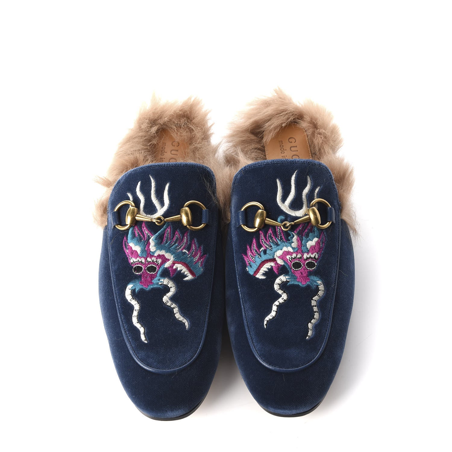 Gucci Velvet Fur Dragon Embroidered Mens Princetown Slippers 6 Zaffre Dark Zaffre 6 of 8