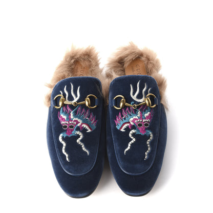 Gucci Velvet Fur Dragon Embroidered Mens Princetown Slippers 6 Zaffre Dark Zaffre 6 of 8