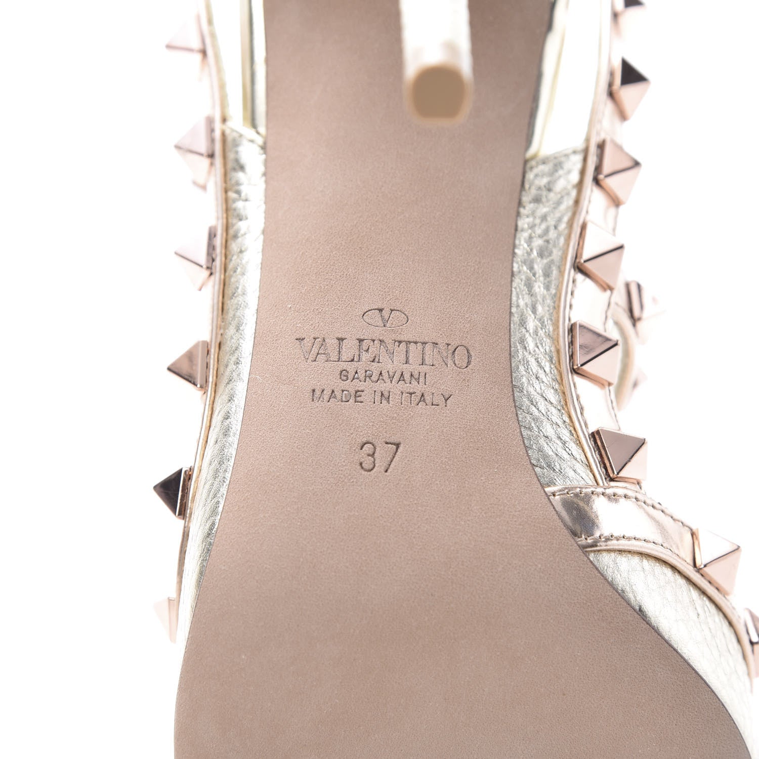 Valentino Garavani Metallic Pebbled Calfskin Rockstud Ankle Strap 100mm Pumps 37 Rame Sahara 7 of 10