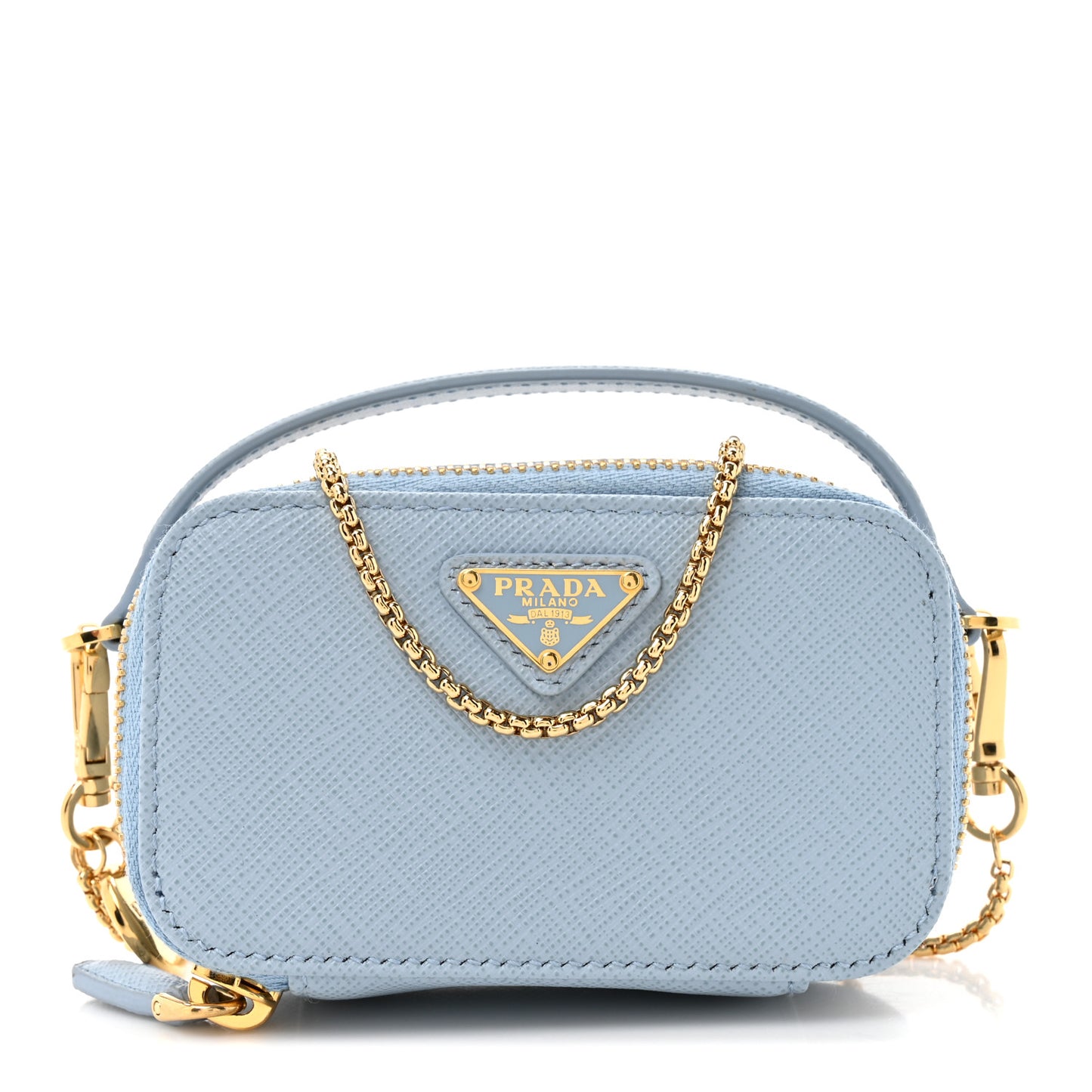 Saffiano Metal Triangle Logo Mini Pouch with Handle Blue