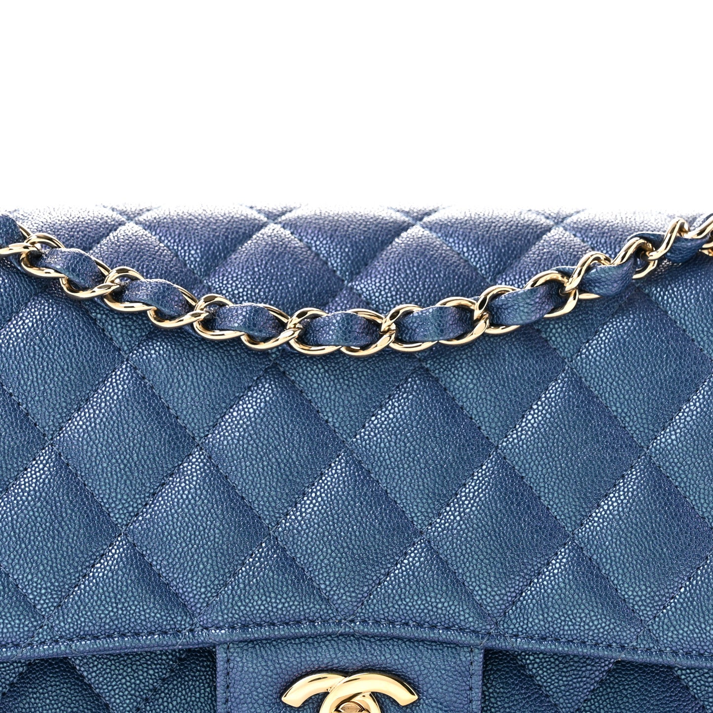 Iridescent Caviar Quilted Medium Double Flap Dark Blue