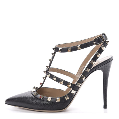 Valentino Garavani Pebbled Calfskin Rockstud Ankle Strap Pumps 38 Black 1 of 10
