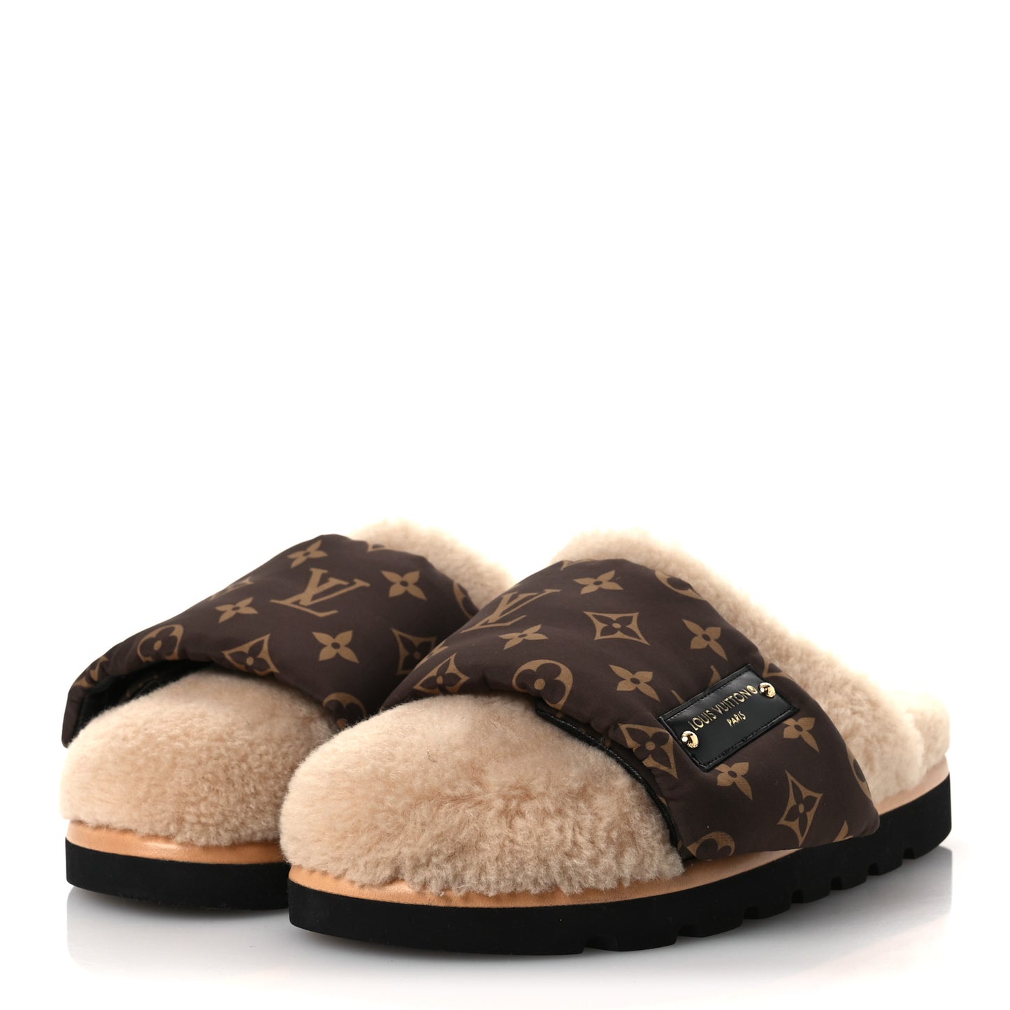 Nylon Monogram Shearling Pillow Comfort Mules 38 Cacao Brown