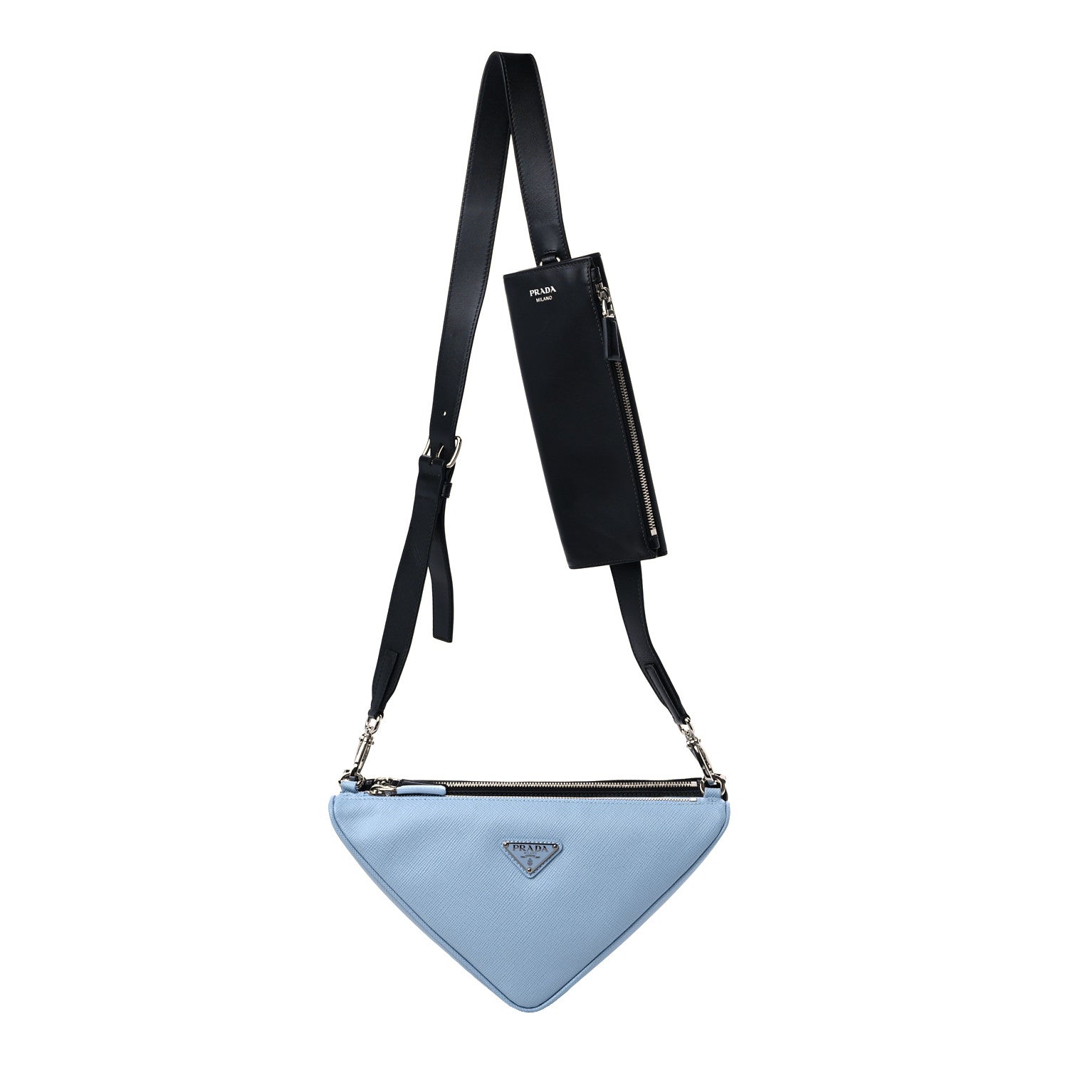 Prada Vitello Saffiano Cuir Double Triangle Shoulder Bag Black Celeste 1 of 11