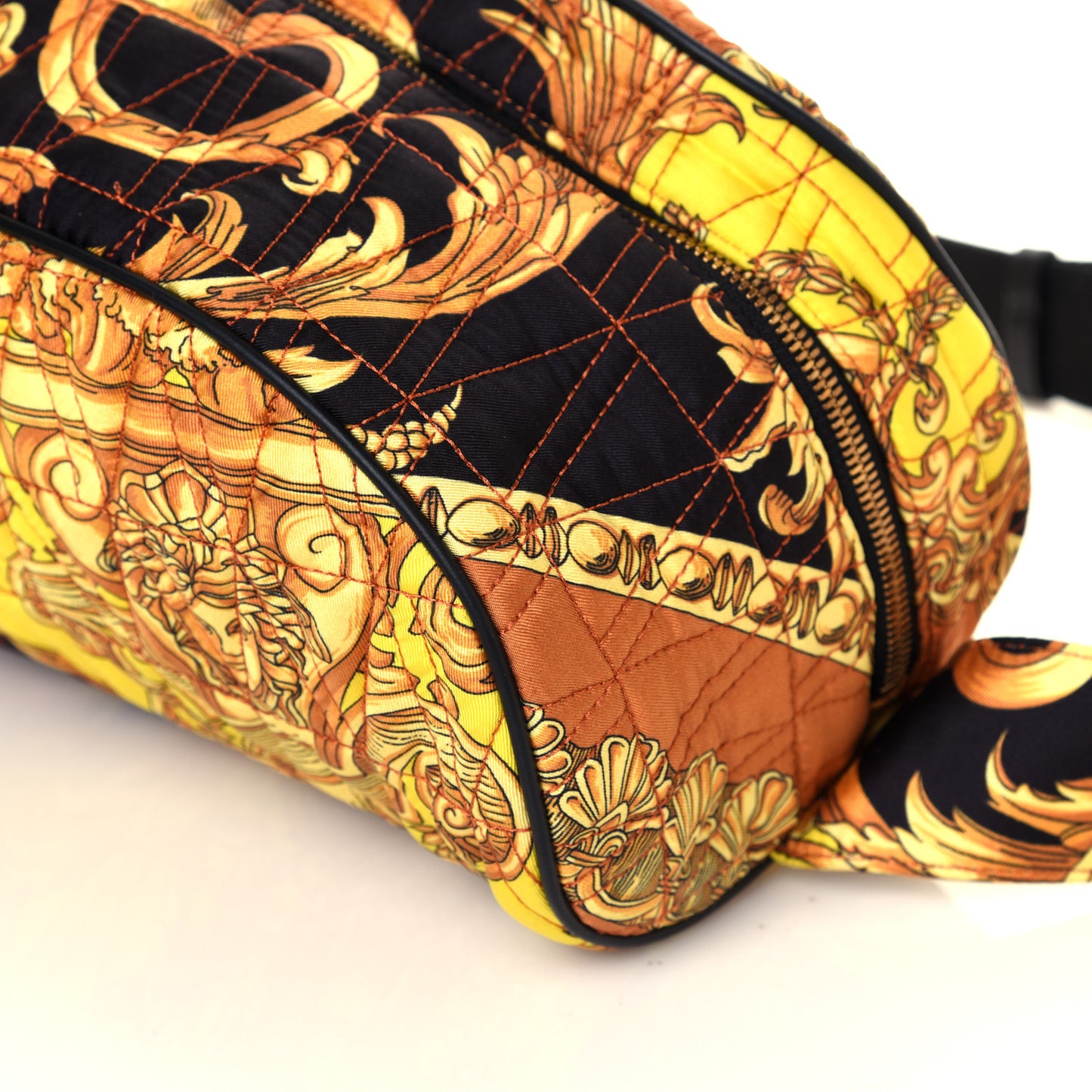 Vitello Nylon Quilted Trapuntata Baroque Print Belt Bag Black Gold