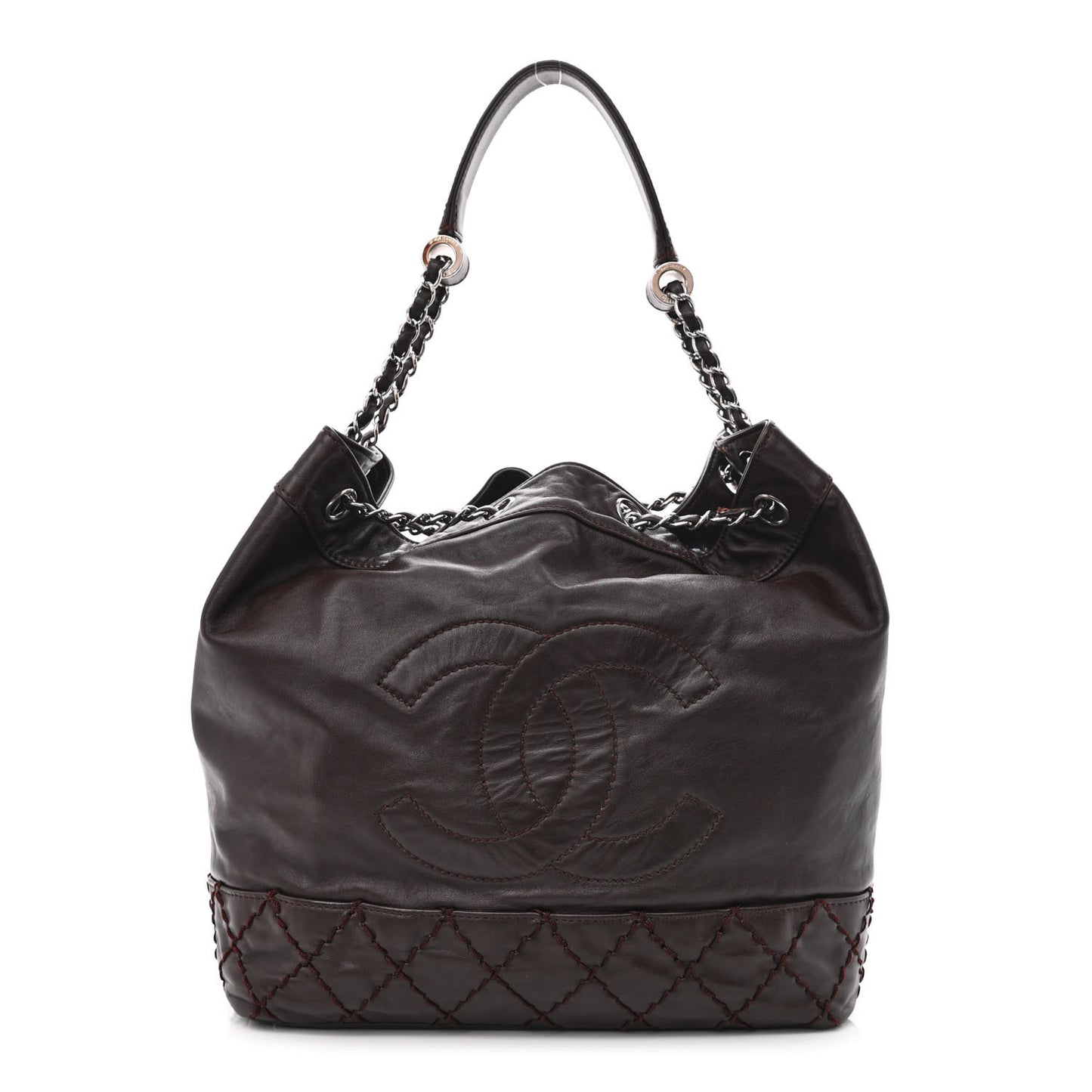Calfskin Drawstring CC Bucket Bag Dark Brown