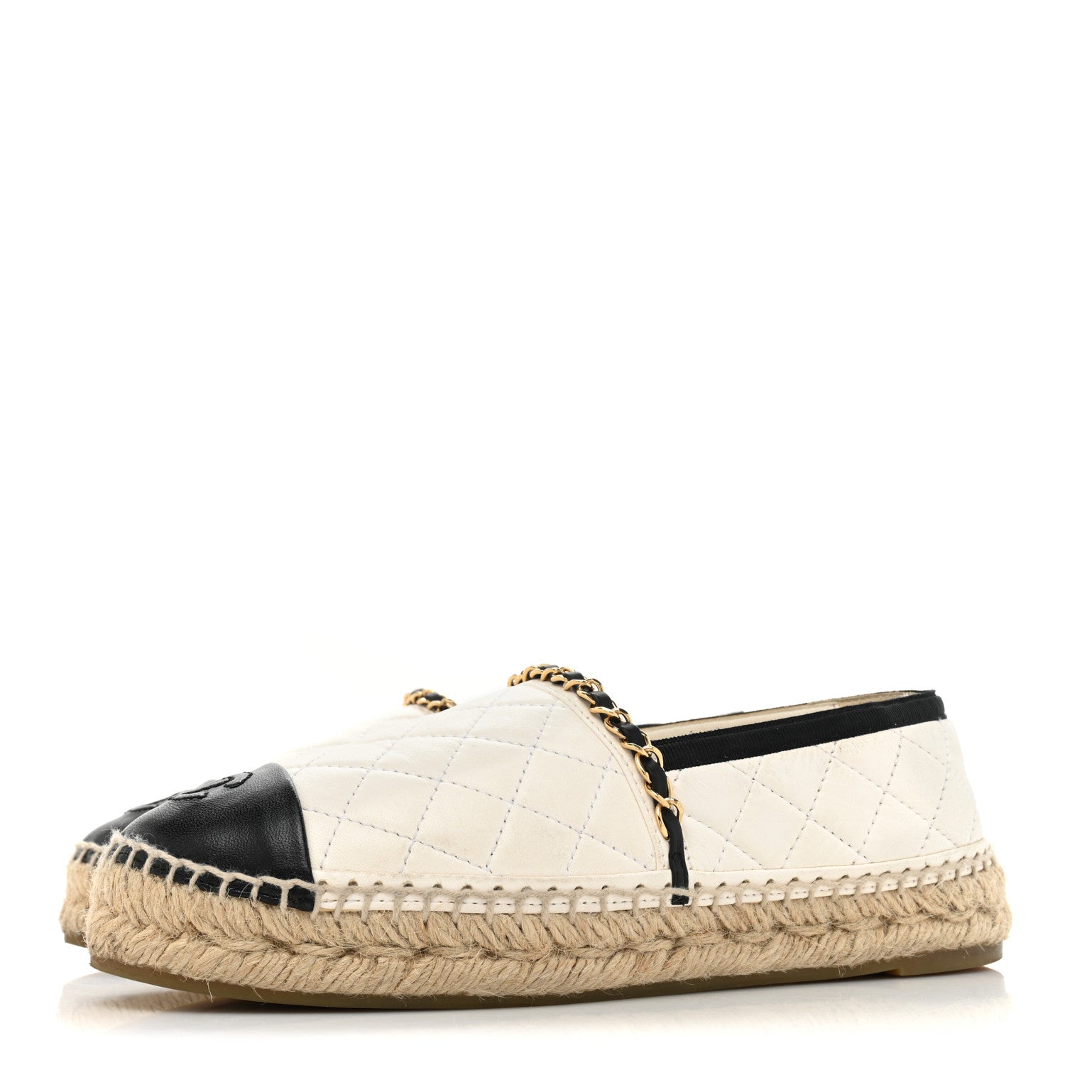 Chanel Lambskin Grosgrain Quilted CC Chain Espadrilles 37 White Black 3 of 17
