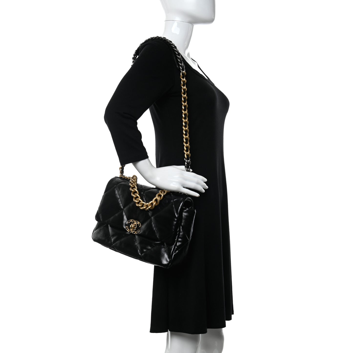 Shiny Crumpled Calfskin Quilted Large Chanel 19 Flap Black