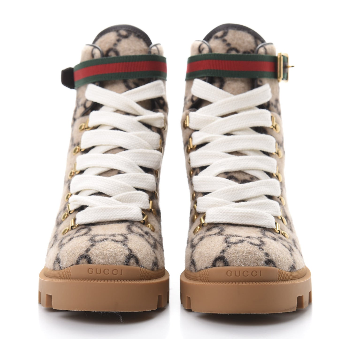Covered Wool Big GG Monogram Womens Lace Up Combat Ankle Boots 40 Beige Ebony Cocoa