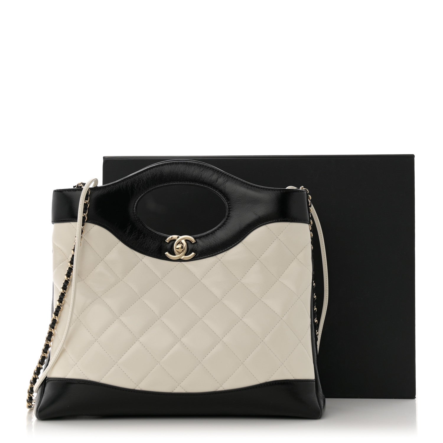 Chanel Shiny Crumpled Calfskin Quilted Small 31 Shopping Bag White Black 11 of 11