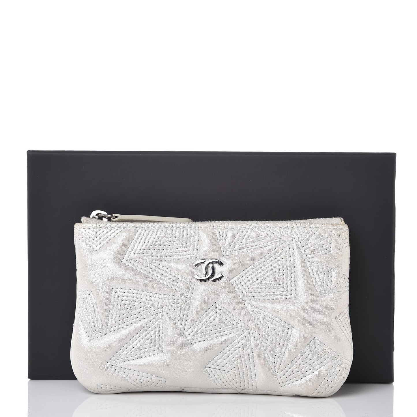 Metallic Lambskin Star Embossed Coin Purse Case Light Silver