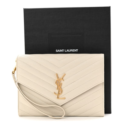 Saint Laurent Grain De Poudre Matelasse Chevron Monogram Envelope Clutch Crema Soft 8 of 8