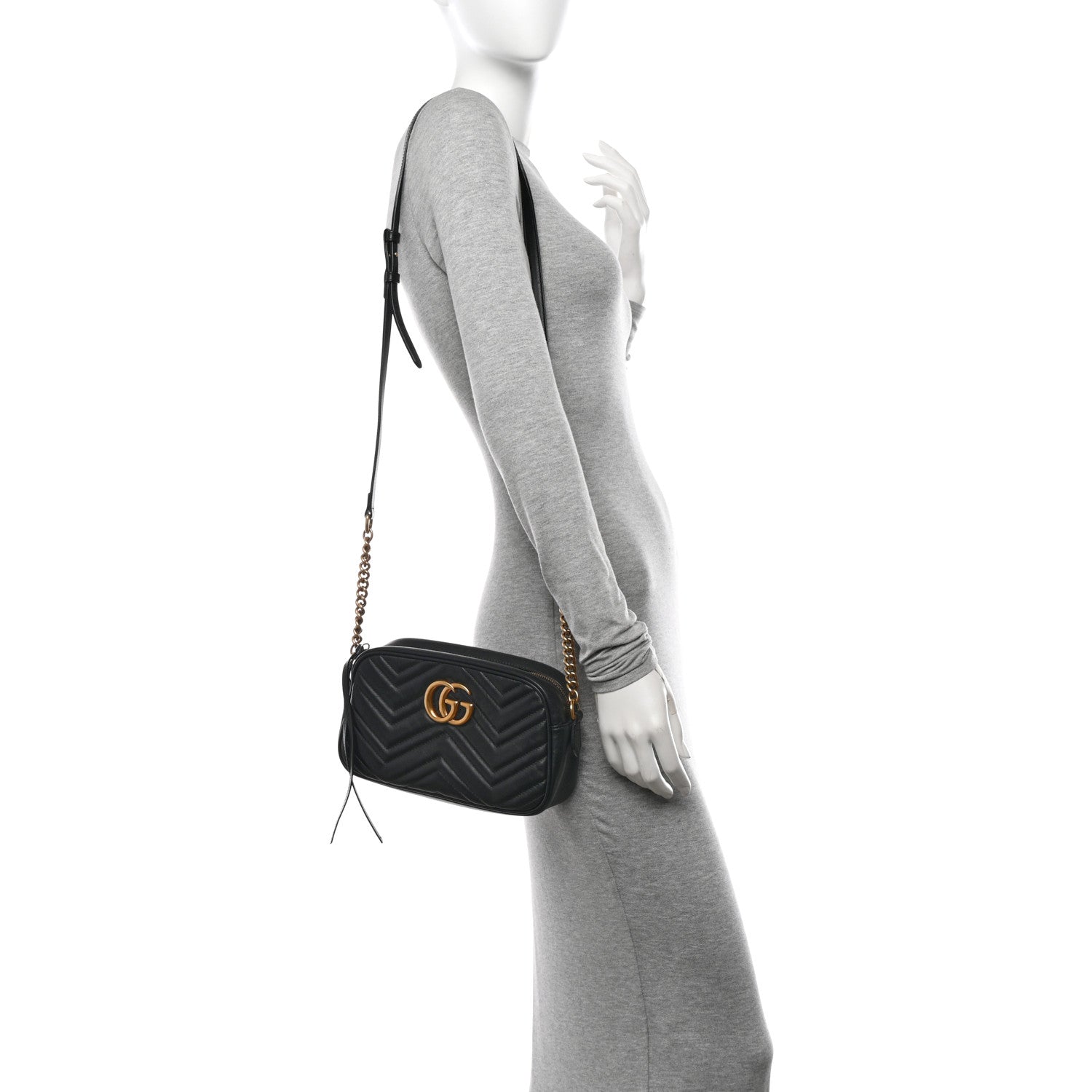 Gucci Calfskin Matelasse Small GG Marmont Chain Shoulder Bag Black 2 of 13