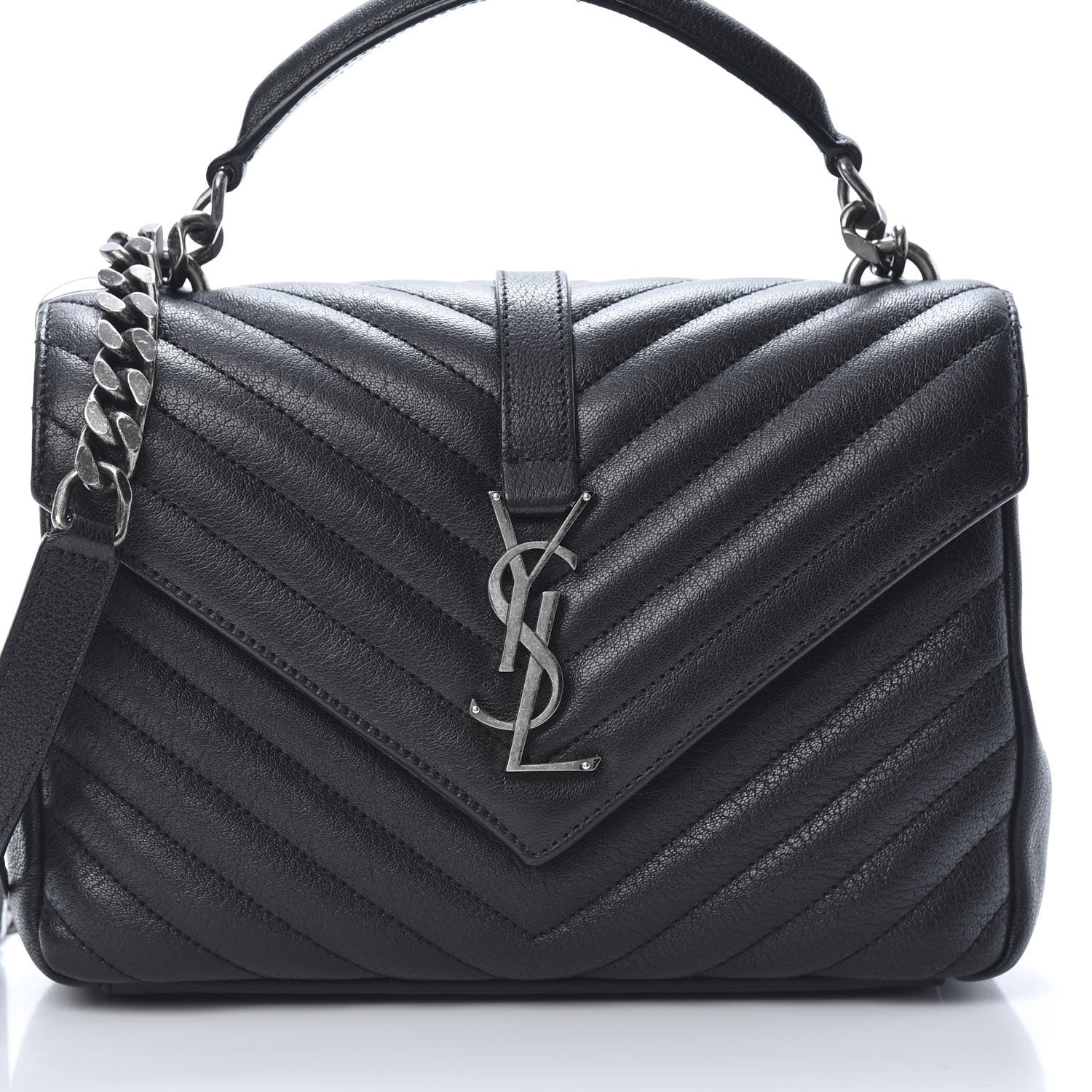 Saint Laurent Sheepskin Matelasse Chevron Monogram Medium College Bag Black 8 of 12