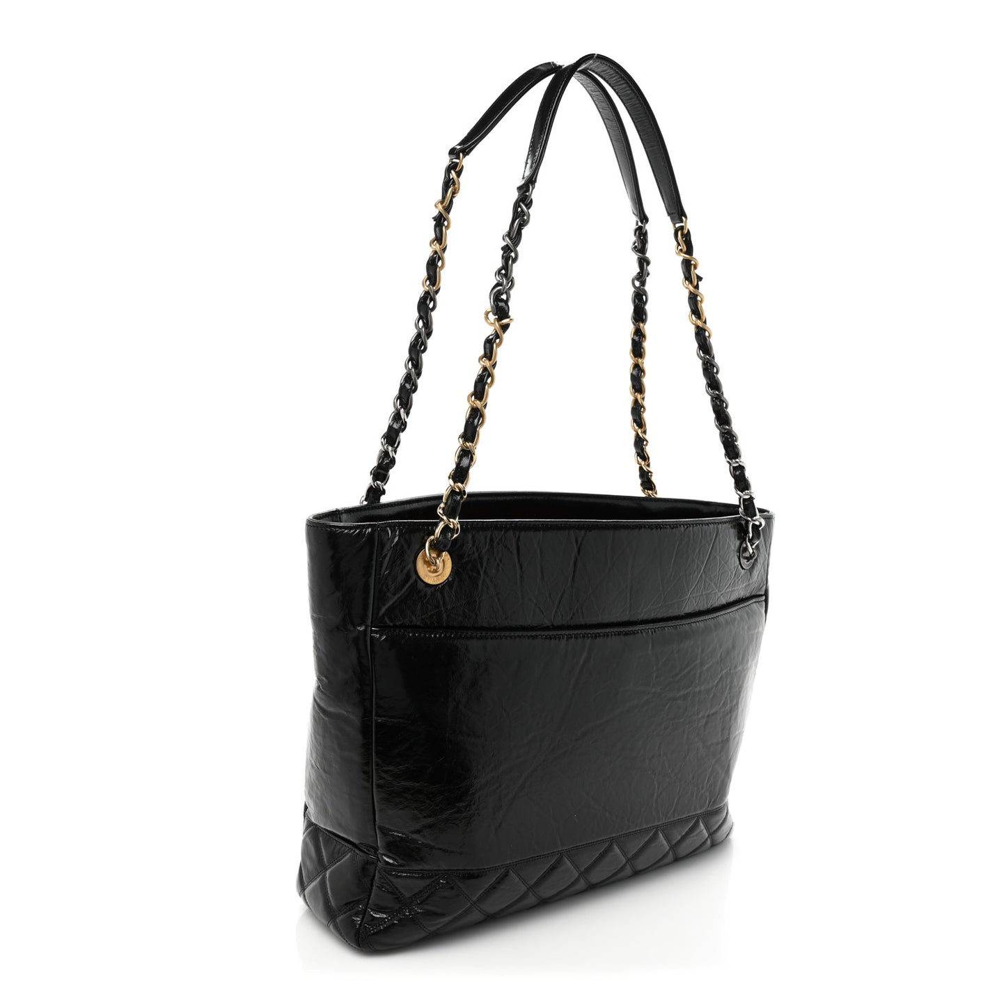 Shiny Aged Calfskin Quilted Large Shopping Bag Black