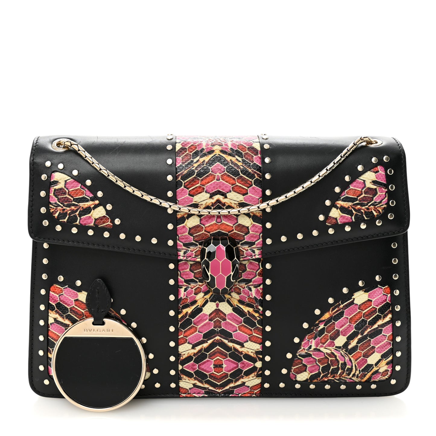 Calfskin Karung Studded Serpenti Forever Shoulder Bag Black Pink Multicolor