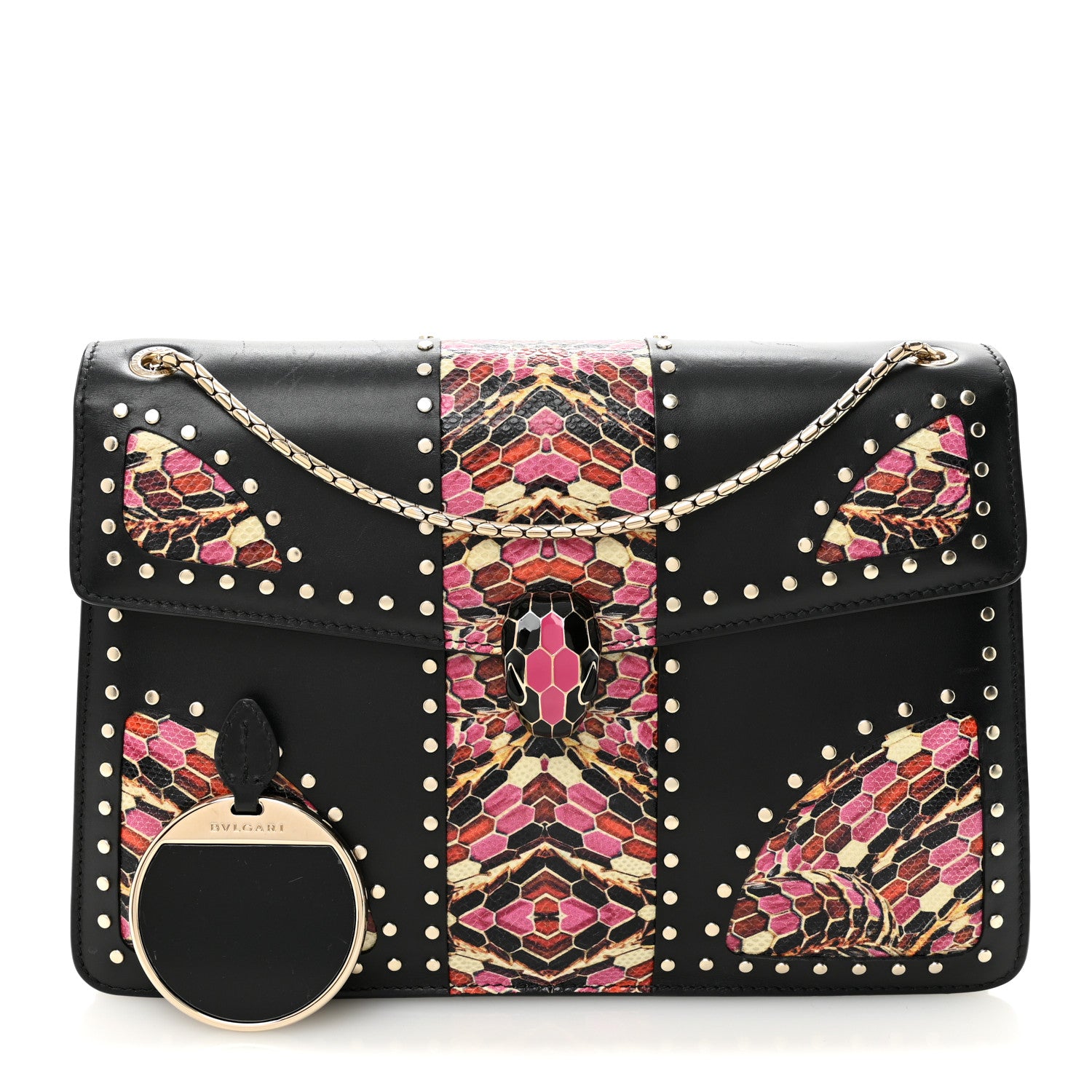 Bulgari Calfskin Karung Studded Serpenti Forever Shoulder Bag Black Pink Multicolor 3 of 11