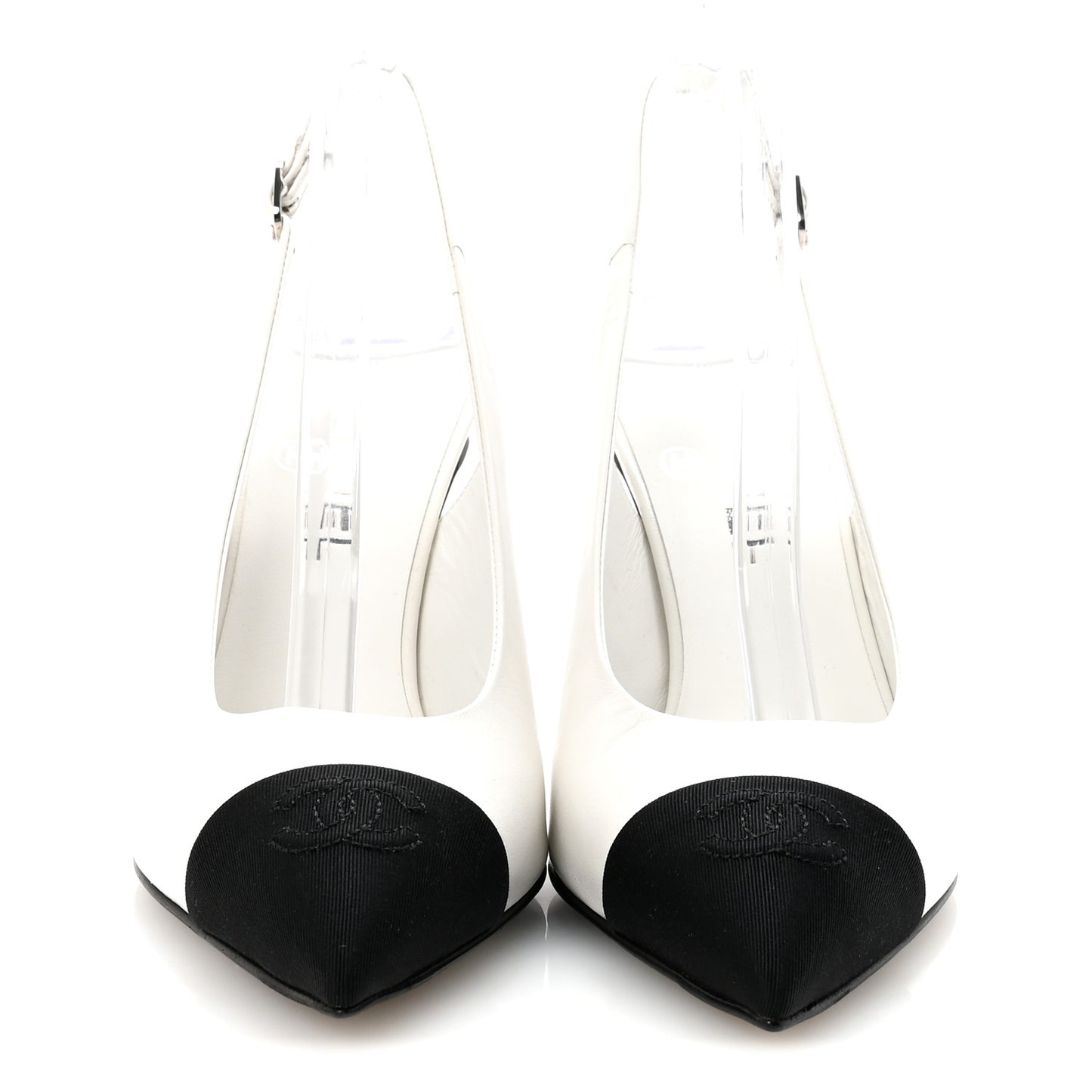 Goatskin Grosgrain Pointed Cap Toe CC Slingback Pumps 37.5 White Black