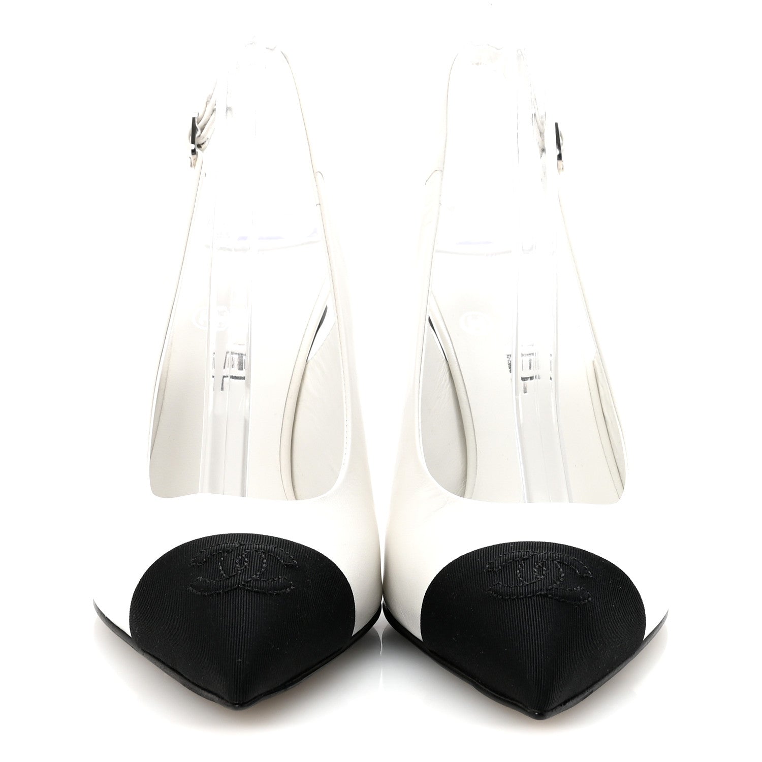 Chanel Goatskin Grosgrain Pointed Cap Toe CC Slingback Pumps 37.5 White Black 3 of 10
