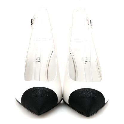 Chanel Goatskin Grosgrain Pointed Cap Toe CC Slingback Pumps 37.5 White Black 3 of 10