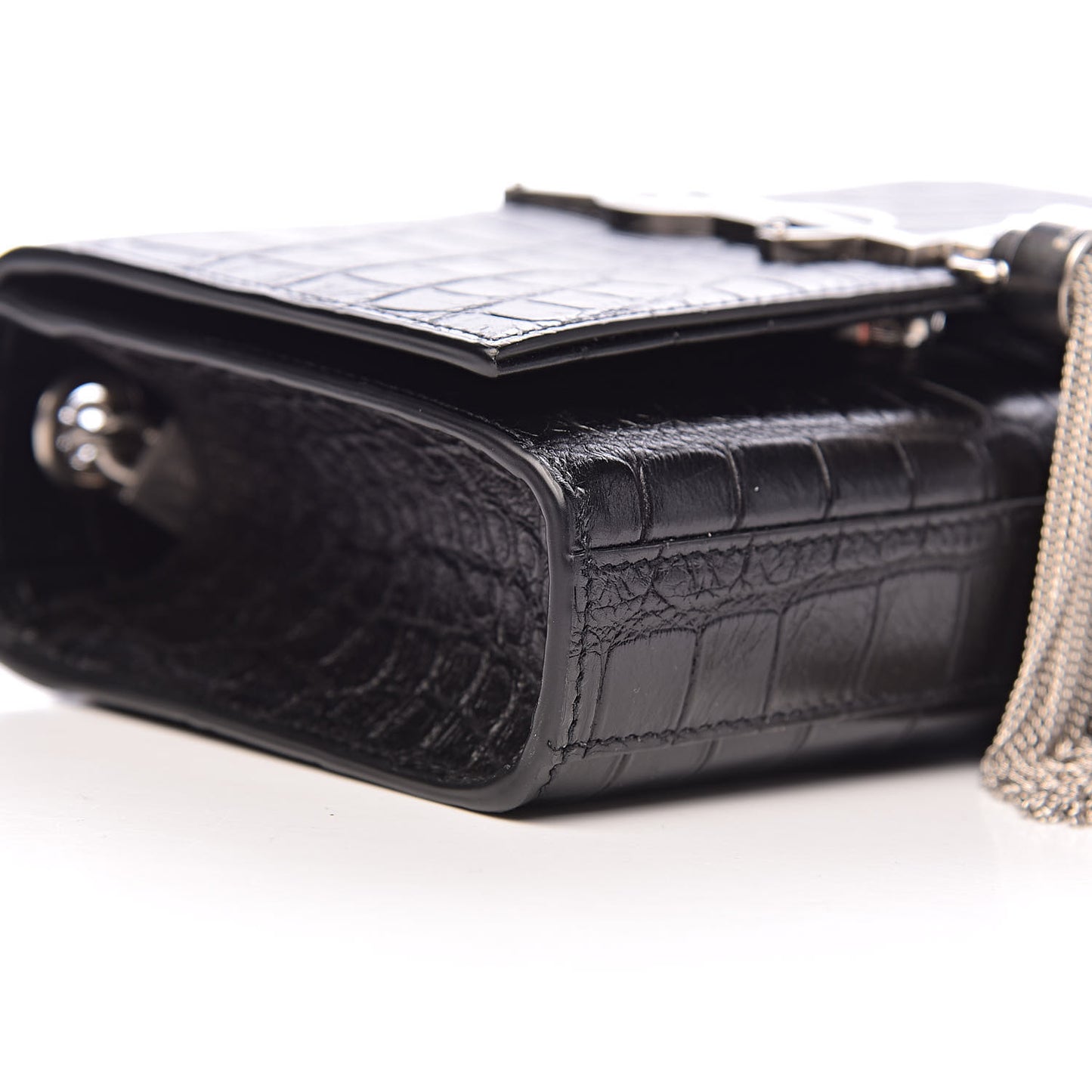 Calfskin Crocodile Embossed Monogram Small Kate Tassel Satchel Black