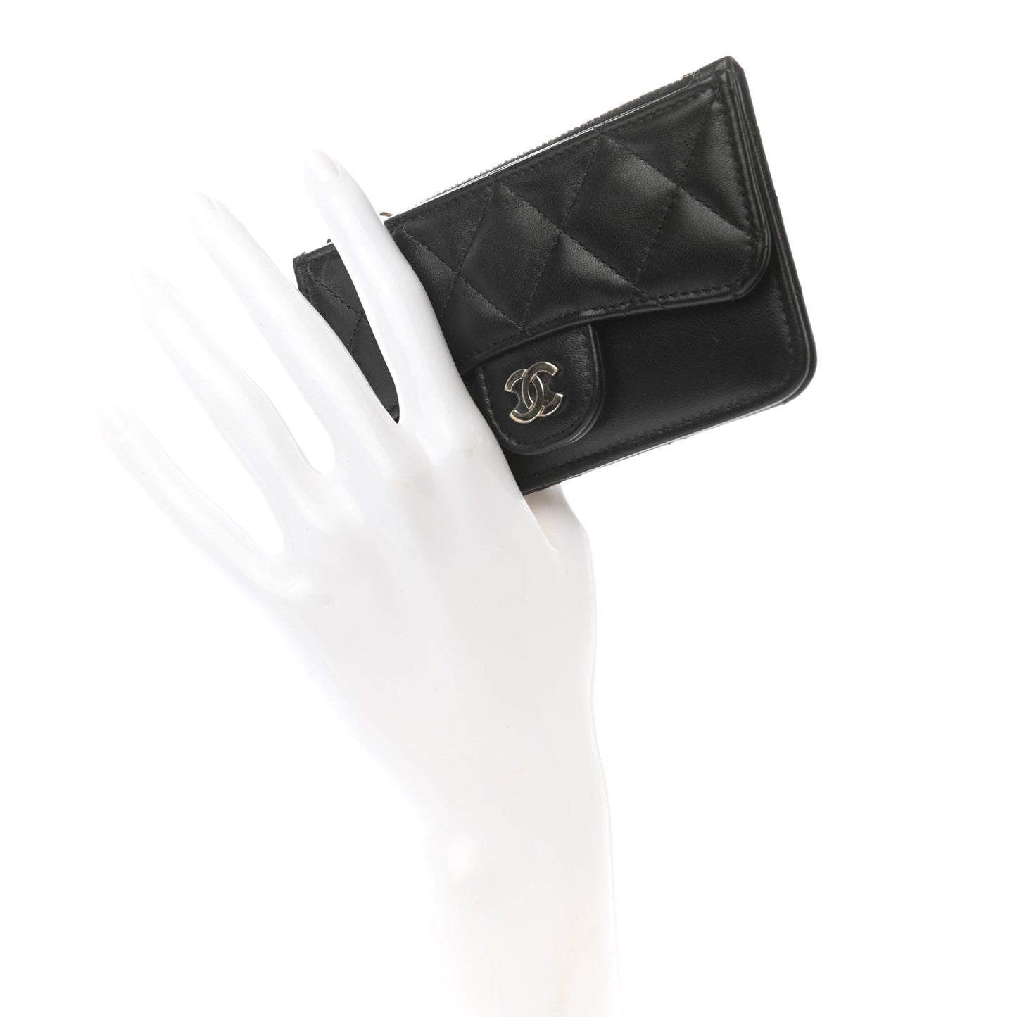Lambskin Quilted Flap Zip Card Holder Black