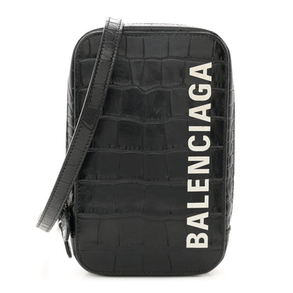 Balenciaga Shiny Calfskin Logo Crocodile Embossed Cash Phone Holder Bag Black White 1 of 14