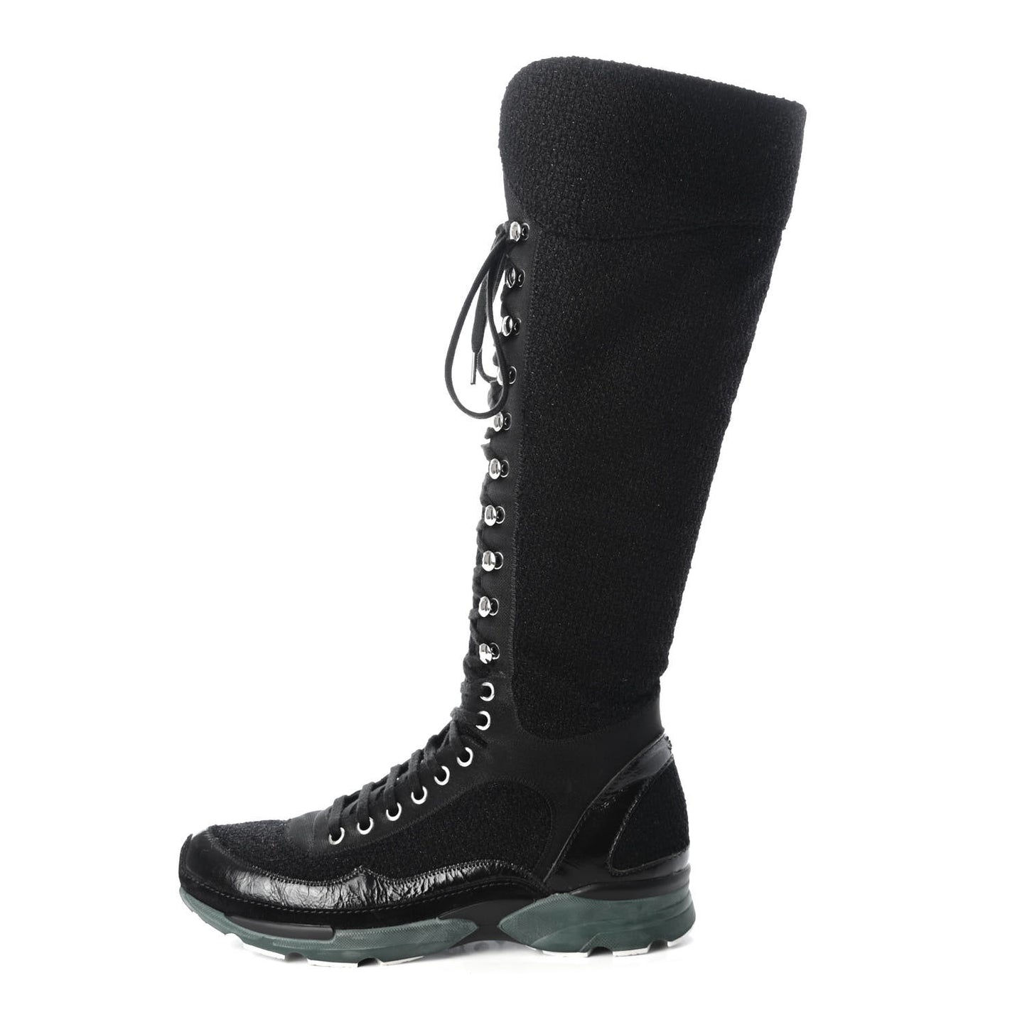 Tweed Patent Calfskin Sneaker High Boots 38 Black