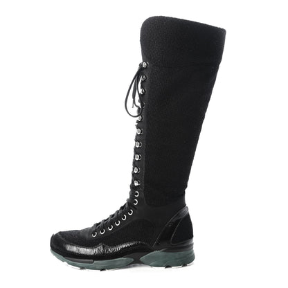 Chanel Tweed Patent Calfskin Sneaker High Boots 38 Black 1 of 20