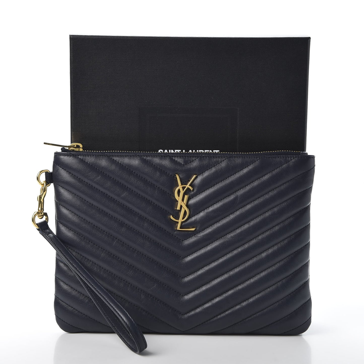 Calfskin Matelasse Chevron Monogram A5 Wristlet Deep Marine
