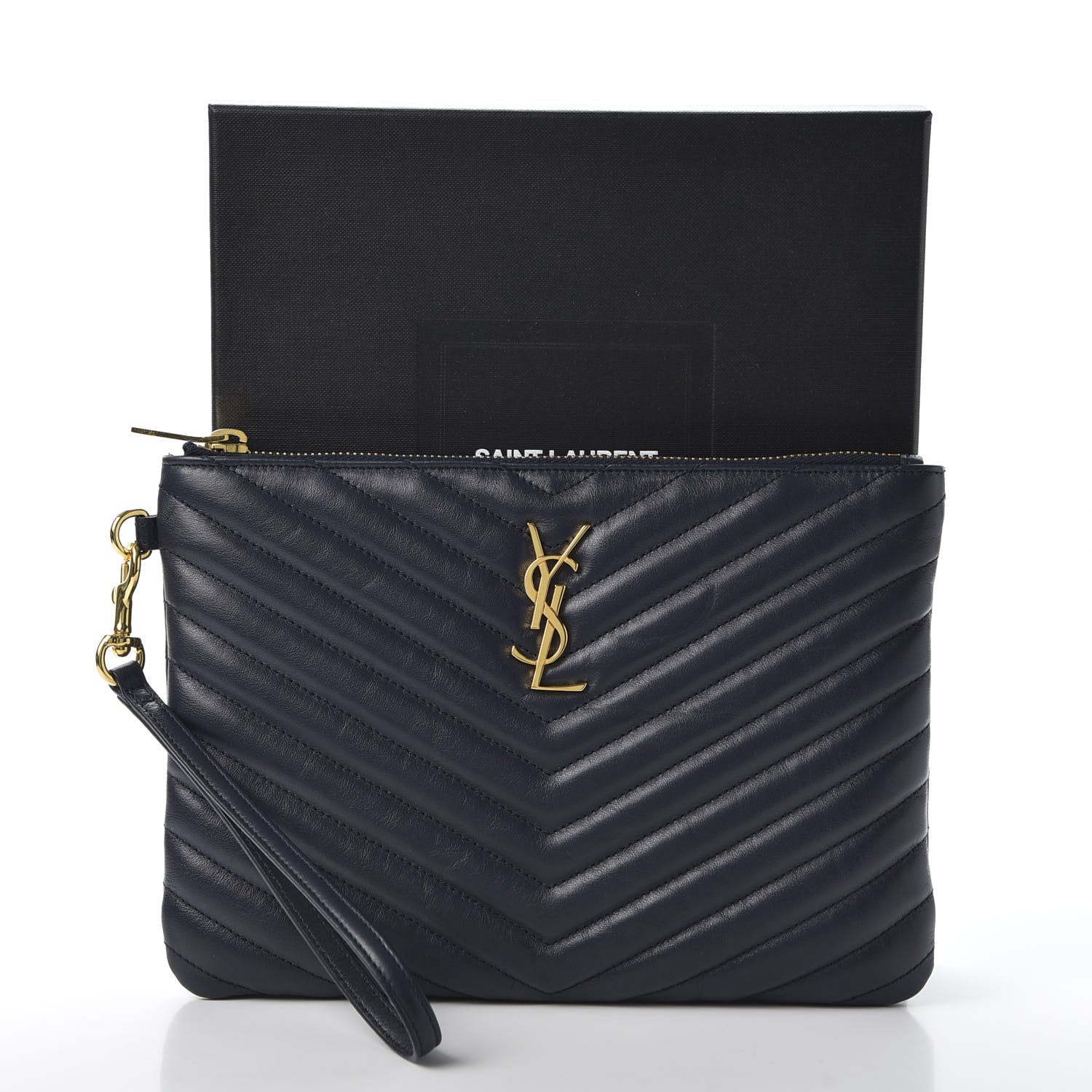 Saint Laurent Calfskin Matelasse Chevron Monogram A5 Wristlet Deep Marine 9 of 9