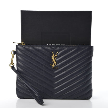 Saint Laurent Calfskin Matelasse Chevron Monogram A5 Wristlet Deep Marine 9 of 9