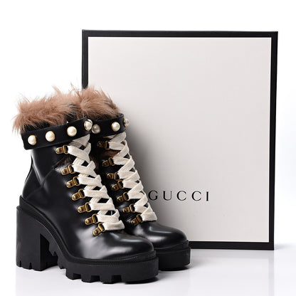 Gucci Magnum Calfskin Fur Pearl Lace Up Combat Ankle Boots 35 Black Naturale 8 of 8