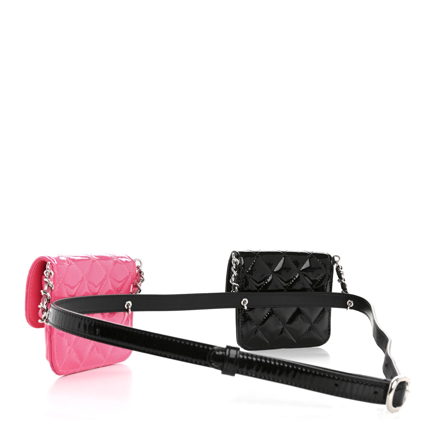 Patent Quilted Belt In Love Double Mini Flap Waist Bag Black Pink