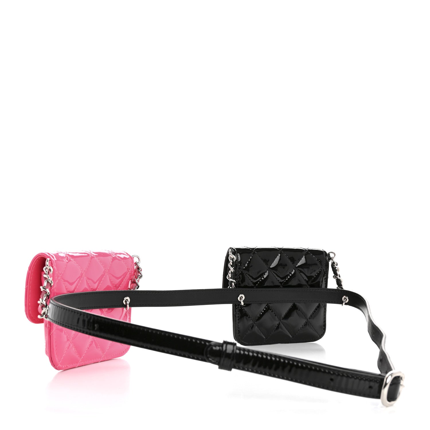 Chanel Patent Quilted Belt In Love Double Mini Flap Waist Bag Black Pink 3 of 13