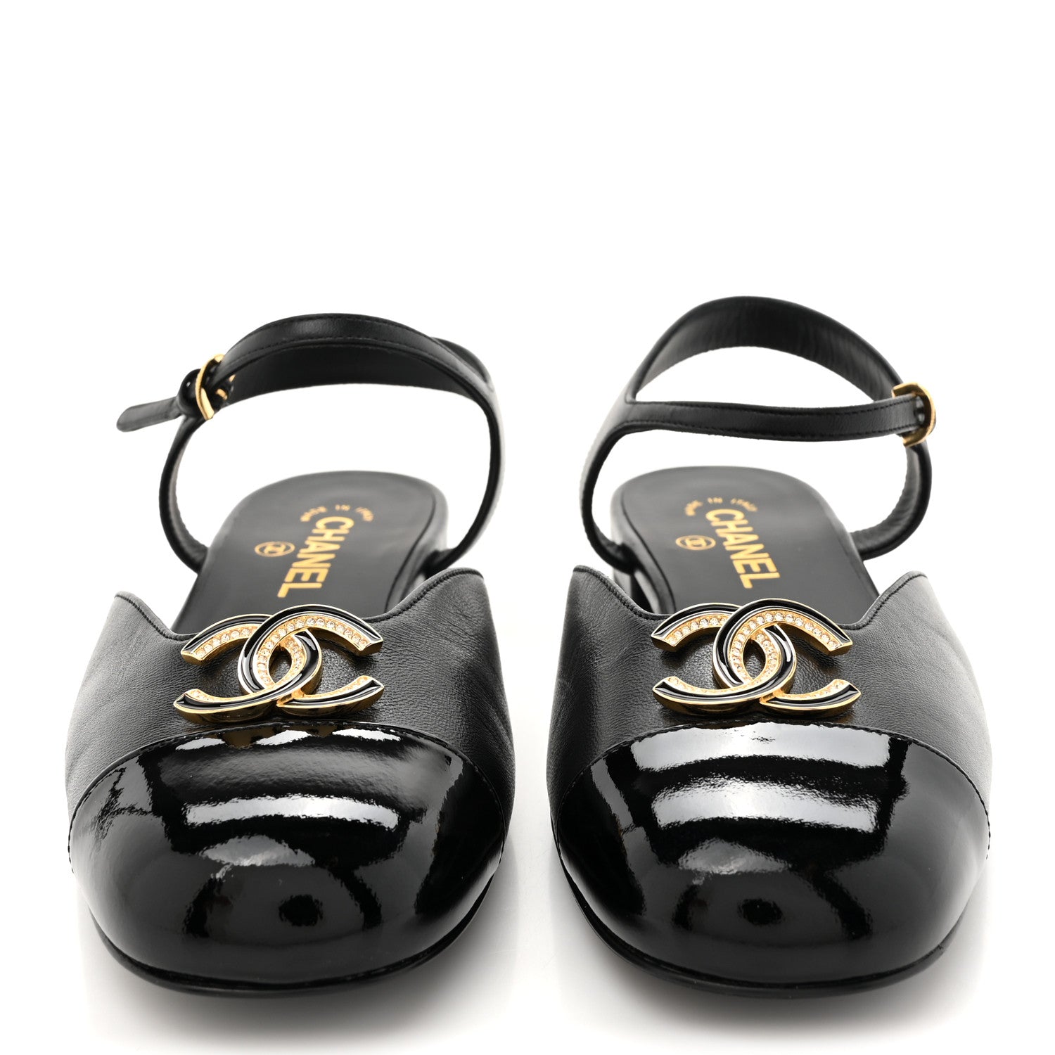 Chanel Lambskin Patent Cap Toe Crystal Enamel CC Mary Jane Slingback Flats 39 Black 3 of 9