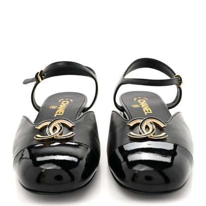 Chanel Lambskin Patent Cap Toe Crystal Enamel CC Mary Jane Slingback Flats 39 Black 3 of 9