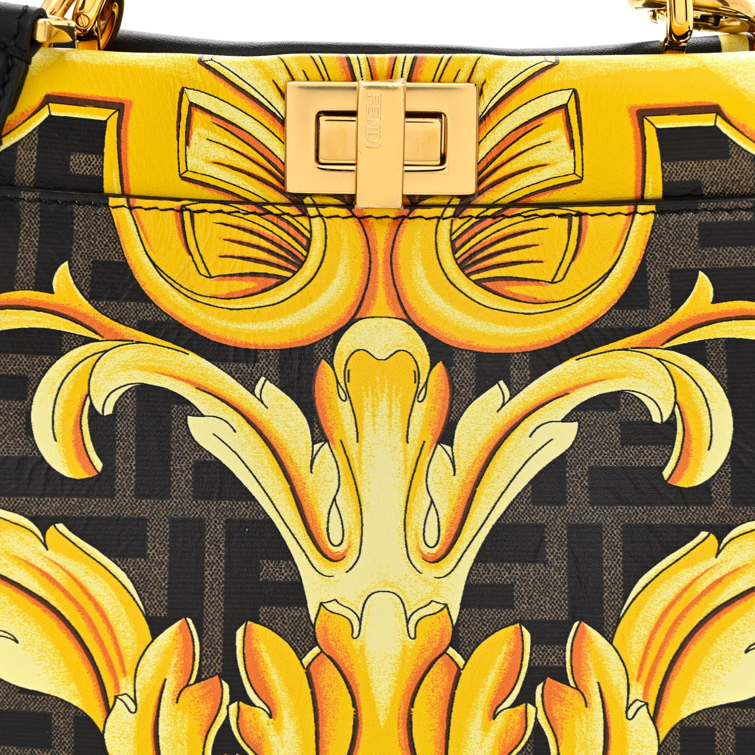 Fendi X VERSACE Vitello Seta Nappa Fendace FF Baroque Mini Peekaboo Iconic Satchel Tobacco Black Gold 8 of 10