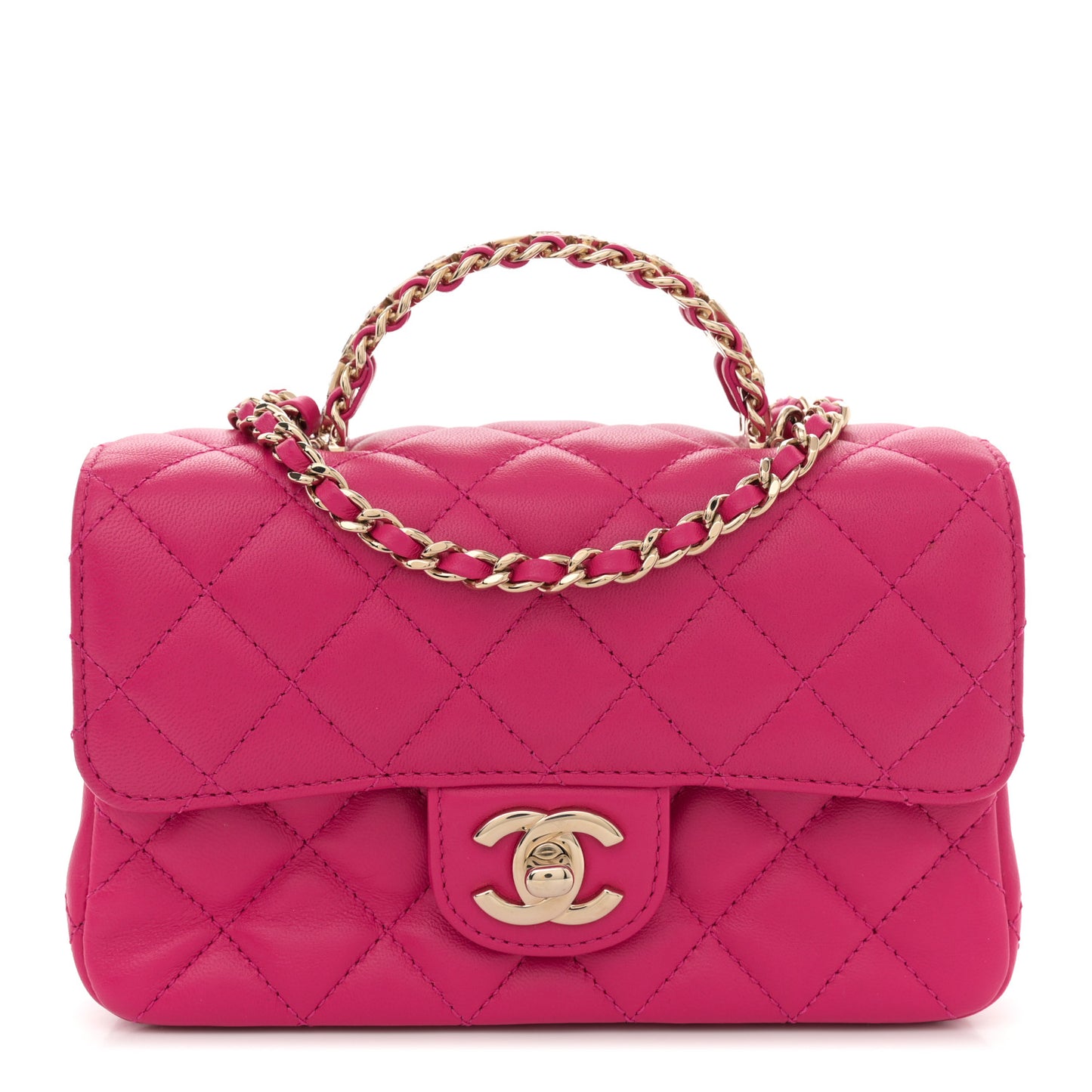 Lambskin Quilted Mini Crystal Top Handle Rectangular Flap Dark Pink
