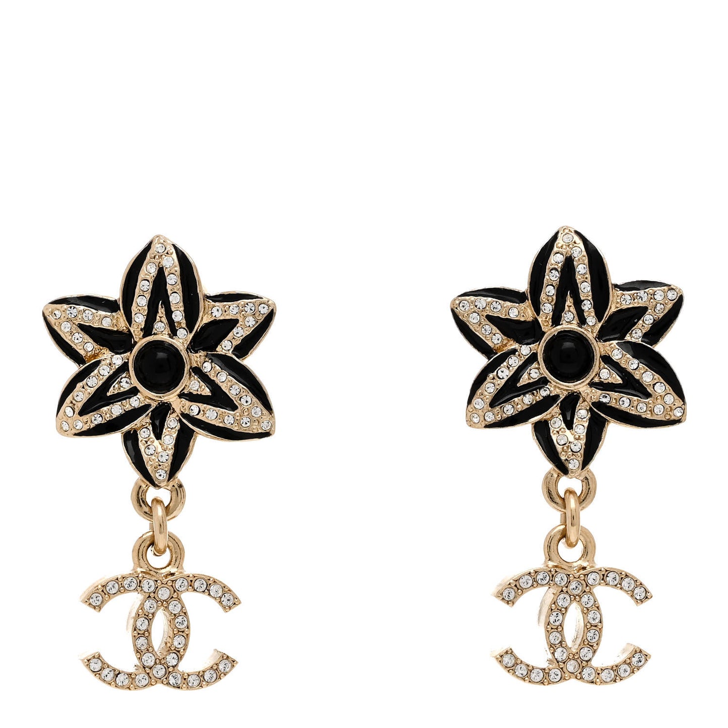 Enamel Crystal CC Camellia Flower Earrings Gold Black